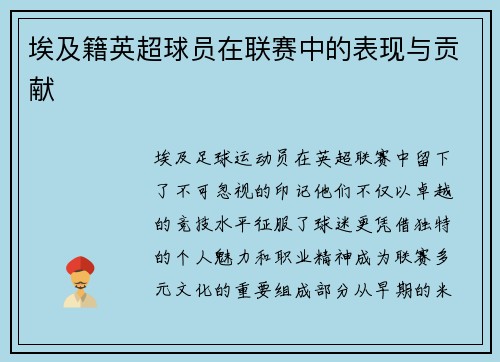 埃及籍英超球员在联赛中的表现与贡献
