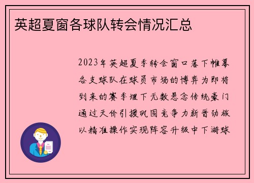英超夏窗各球队转会情况汇总