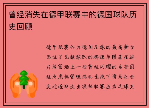 曾经消失在德甲联赛中的德国球队历史回顾