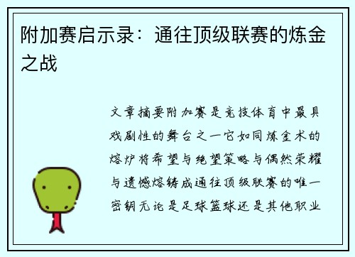 附加赛启示录：通往顶级联赛的炼金之战